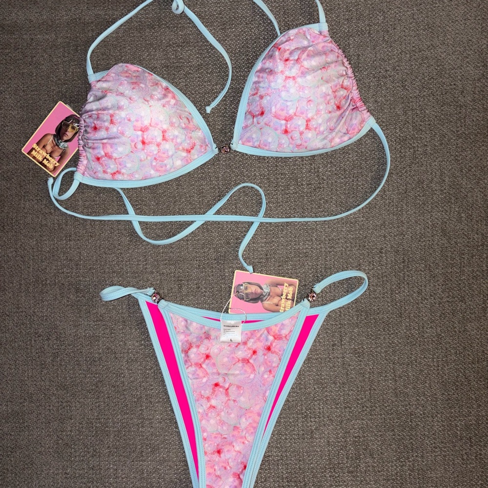 Strawberry Milk Mob Pink Bubble-Print Bikini with Light Blue Trim